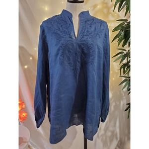 Lauren Ralph Lauren Linen Embroidered Boho Elegant Blouse Womens Size XL Blue